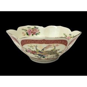 Japan Satsuma Lotus Bowl Scalloped Rim Gold Trim Peacocks & Flowers 7" Vintage